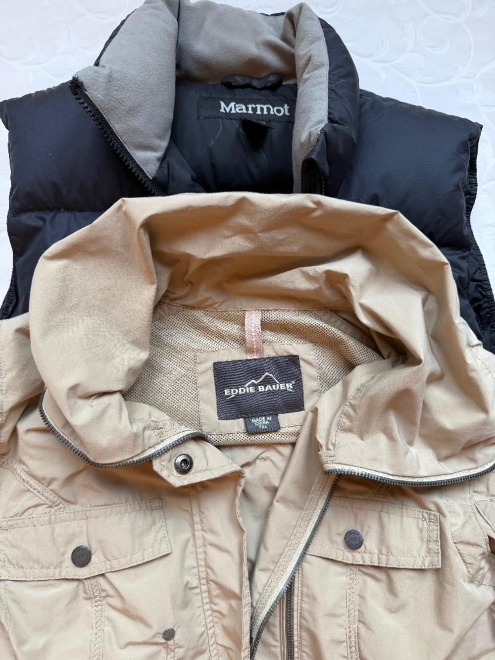 Women’s Marmot Down Vest Eddie Bauer Safari Vest Black Tan Sz L Bundle